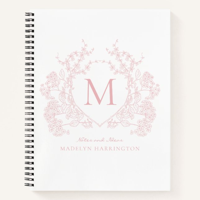 Classic Blush Pink Floral Crest Monogram Journal (Front)