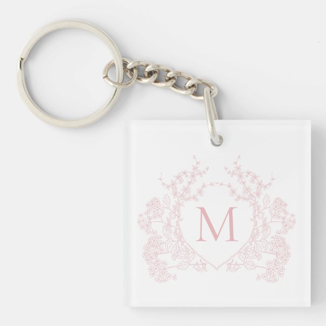 Classic Blush Pink Floral Crest Monogram Keychain (Front)