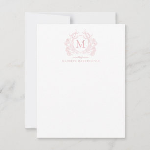 Classic Blush Pink Floral Vintage Crest Monogram Card