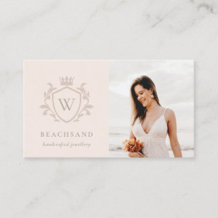 Classic Blush Pink Monogram Floral Photo Crest Business Card
