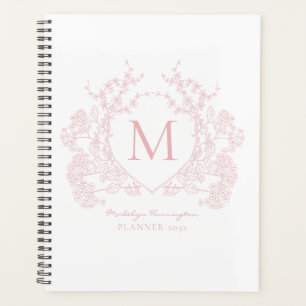 Classic Blush Pink Vintage Floral Crest Monogram Planner