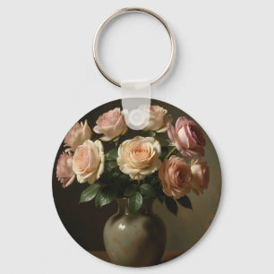 Classic Blush Rose Bouquet Still Life Keychain