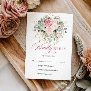 Classic Blush Roses Eucalyptus Gold Wedding RSVP Card