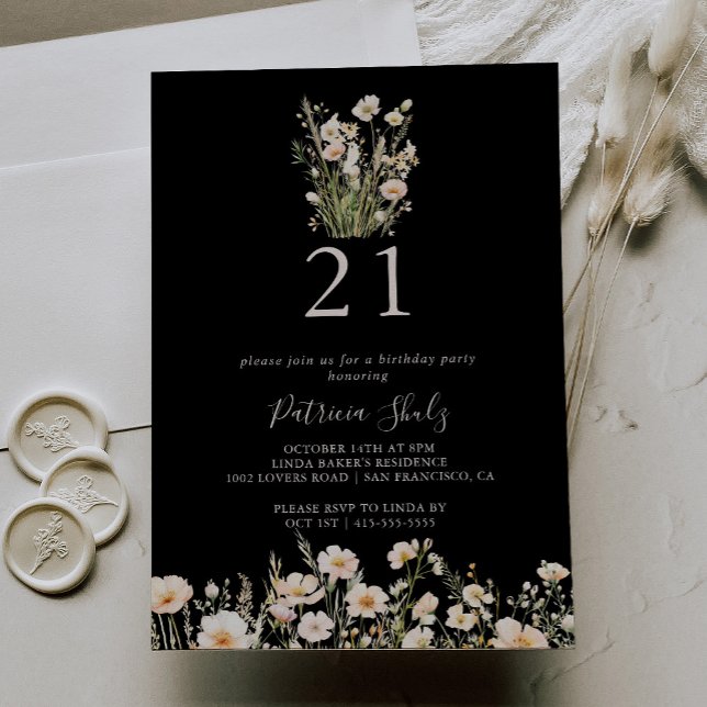 Classic Blush Wildflower Black 21st Birthday Party Invitation (Creator Uploaded)