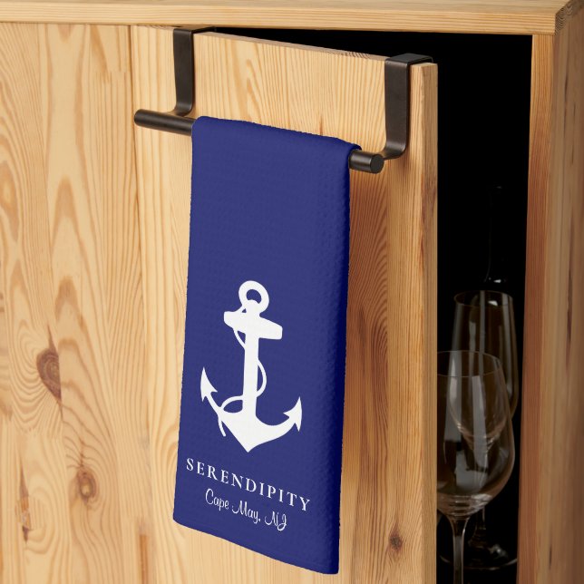 Classic Boat Anchor Monogram Navy Blue Kitchen Towel (Thirds Fold)
