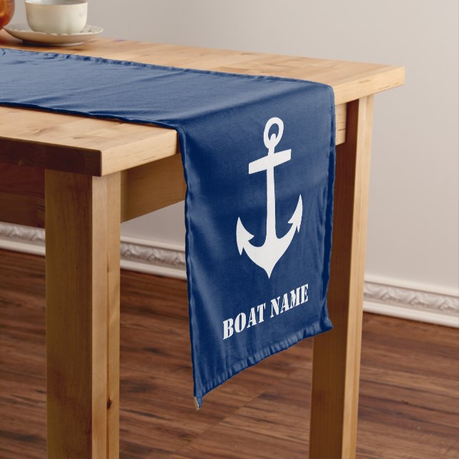 Classic Boat Anchor & Your Boat Name Navy Blue Medium Table Runner (In Situ)