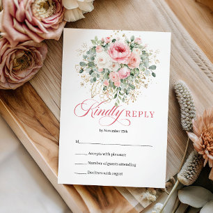 Classic Bohemian Blush Gold Floral Wedding RSVP Card