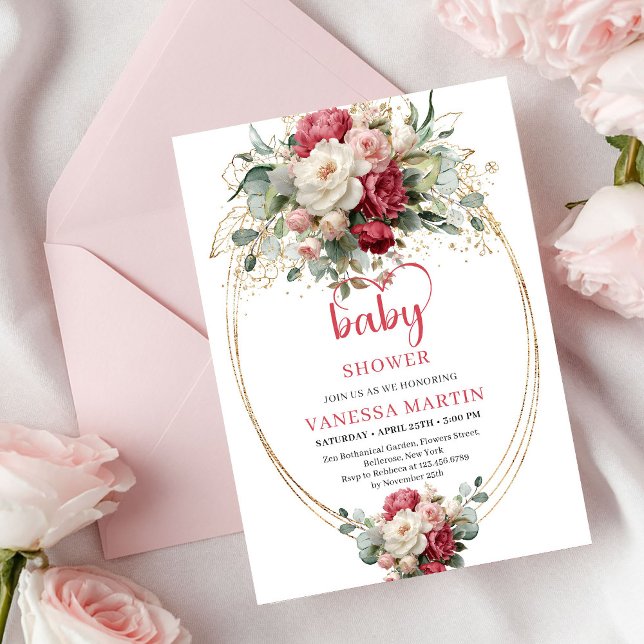 Classic Bohemian Crimson Red White Gold Floral   Invitation (Classic Bohemian Crimson Red White Gold Floral Invite)