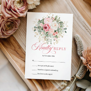 Classic Boho Blush Floral Greenery Wedding RSVP Card