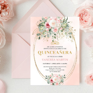 Classic Boho Blush Pink Floral Rustic Quinceañera Invitation