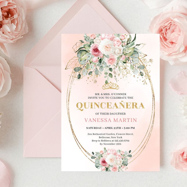 Classic Boho Blush Pink Floral Rustic Quinceañera Invitation (Classic Blush Pink Floral Rustic Quinceañera Invite)
