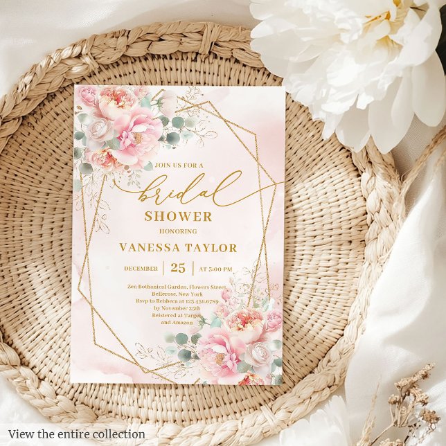 Classic Boho Blush Pink Gold Frame Bridal Shower  Invitation (Classic Boho Blush Pink Gold Frame Bridal Shower Card)