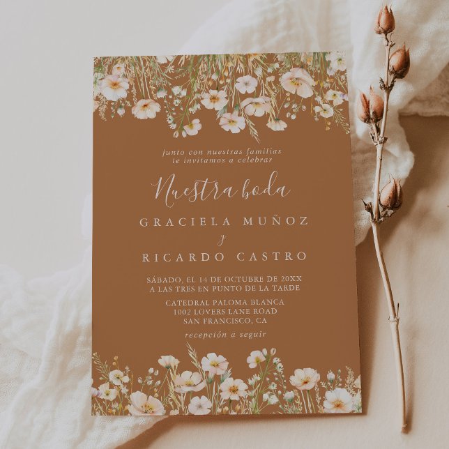 Classic Boho Blush Wildflower Nuestra Boda Wedding Invitation (Creator Uploaded)