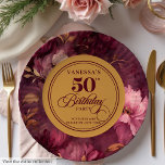 Classic Boho Burgundy Blush Gold 50th Birthday  Paper Plate<br><div class="desc">✅ For matching items search 26-50 in my collections ✅ Make your milestone celebration unforgettable with our 50th Birthday Paper Plates collection, featuring watercolor florals in rich burgundy, marsala, maroon, deep red, and soft blush shades, accented with shimmering gold leaves. Perfect for women’s milestone birthdays, these plates combine boho-inspired elegance...</div>
