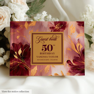 Classic Boho Burgundy Blush Gold Flowers 50th Guest Book