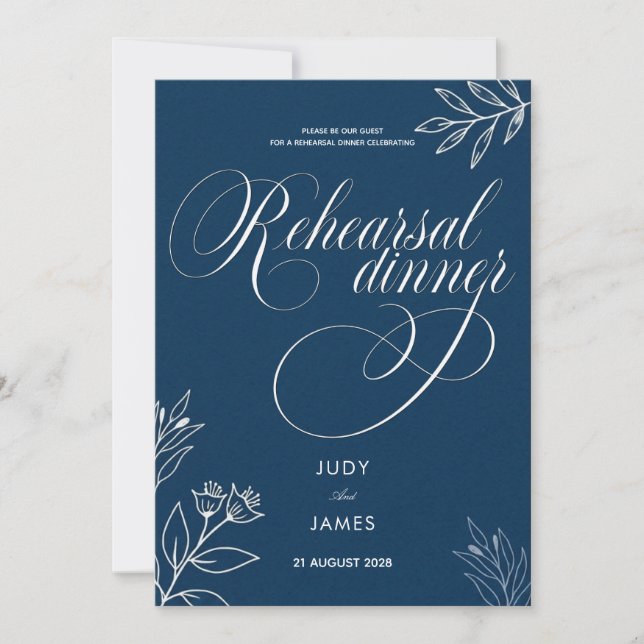 CLASSIC BOHO CHIC RUSTIC SCRIPT NAVY REHEARSAL INVITATION (Front)
