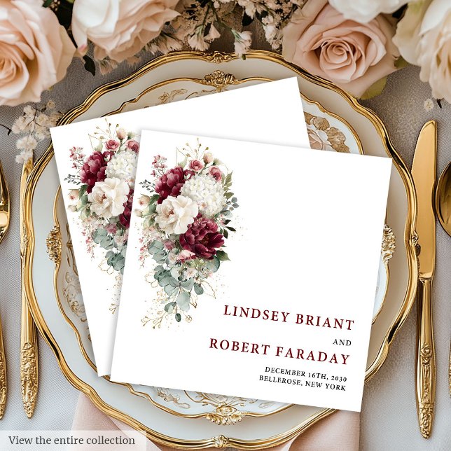 Classic Boho Maroon Blush Gold Roses Wedding Paper Napkin (Classic Boho Maroon Blush Gold Roses Wedding Paper Paper Dinner Napkins)