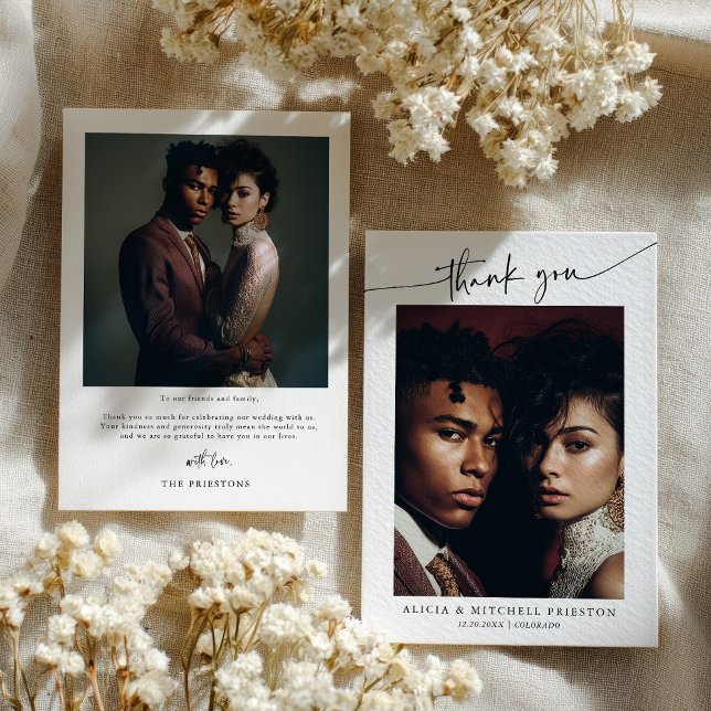 Classic Boho Minimalist Script Wedding Photo Thank You Card (Classic Boho Minimalist Script Wedding Photo Thank You Card)