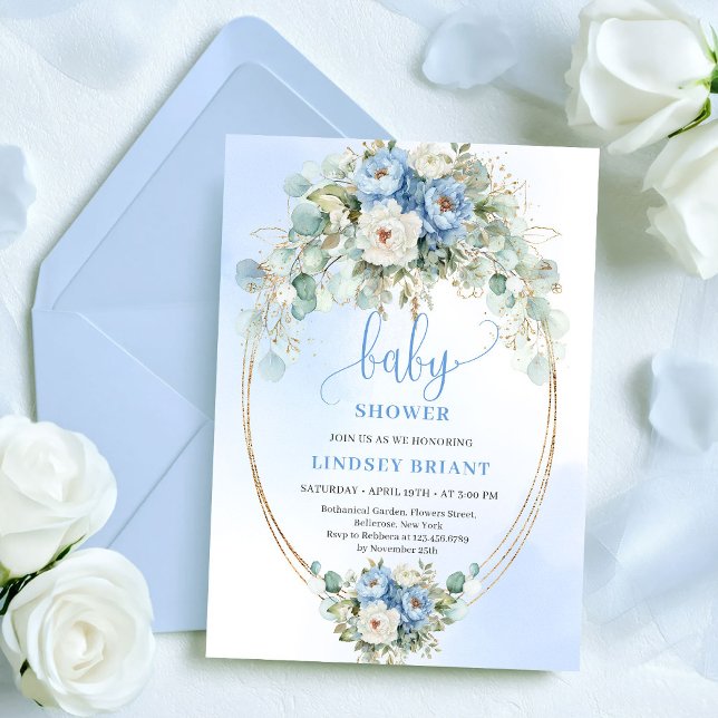 Classic Boho Pastel Blue Flowers Baby Shower Gold Invitation (Classic Pastel Blue Flowers Baby Shower Gold Invitation)