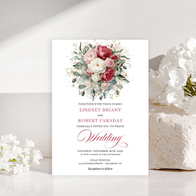 Classic Boho Red White Gold Floral Wedding Invite (Classic Boho Red White Gold Floral Wedding Invitation)