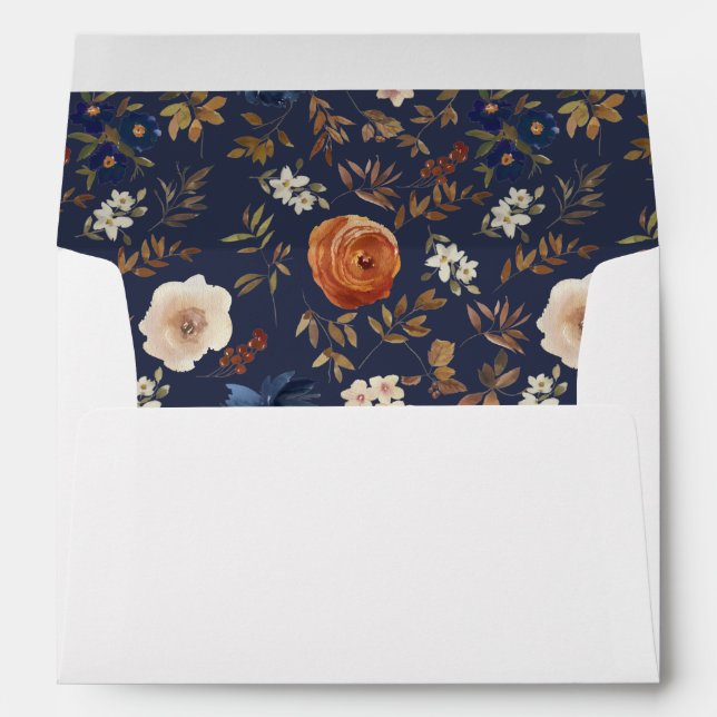 Classic Boho Watercolor Blue Rust Floral Wedding Envelope (Back (Bottom))