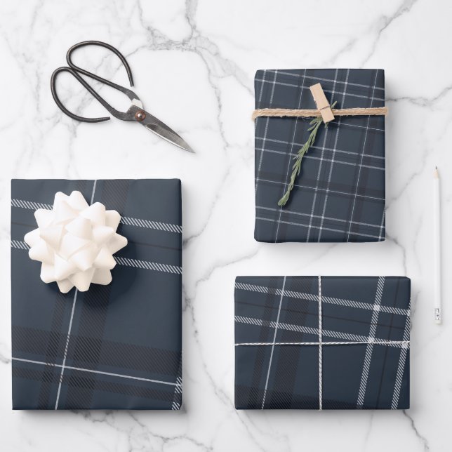 Classic bold holiday plaid navy blue wrapping paper sheet (Front)