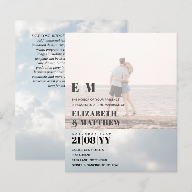 Classic BOLD PHOTO OVERLAY Wedding Invite BUDGET (Front/Back)