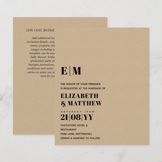 Classic BOLD Text Only Wedding Invitation Simple (Front/Back)