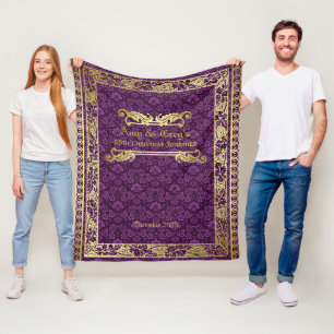 Classic Book Cover Gold Foliage Purple Damask Fleece Blanket