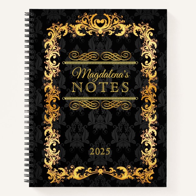 Classic Book Cover Gold Ornament Black Damask (Front)