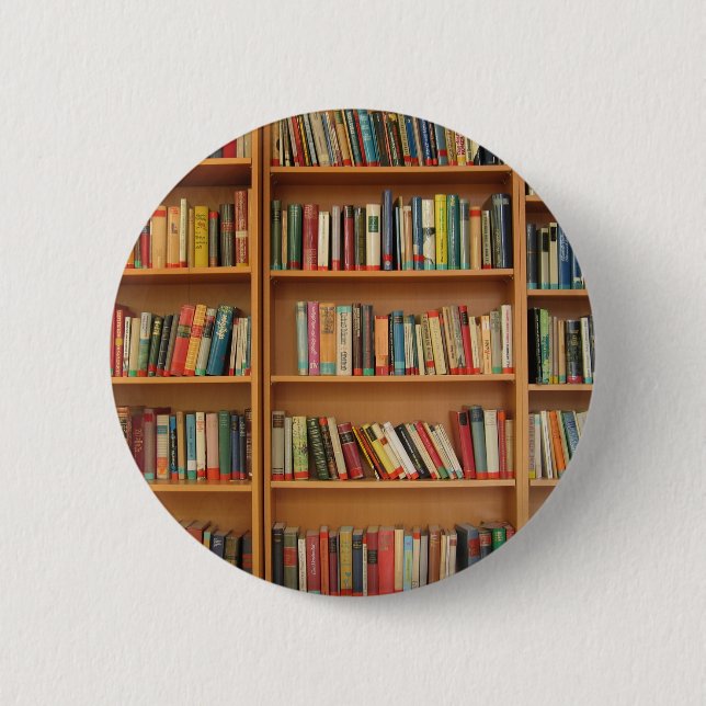Classic book shelf pattern, bookcase,books,old 2 inch round button (Front)