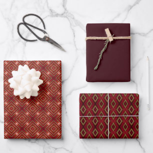 Classic Bordeaux  Red & Gold 3 Piece Wrap Set  Wrapping Paper Sheet