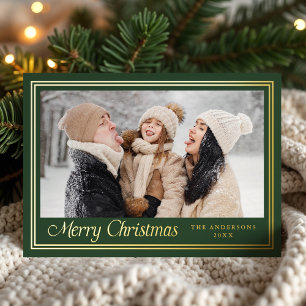 Classic Border Forest Green Merry Christmas Photo Foil Holiday Card