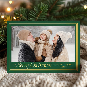 Classic Border Green Merry Christmas Photo Foil Holiday Card