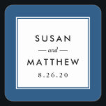 Classic Border Navy Blue Wedding Square Sticker<br><div class="desc">A simple yet classic personalized wedding sticker in navy blue.  Use as an envelope seal or favour tag.  Change your information using the template form.</div>
