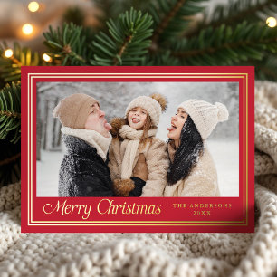 Classic Border Red Merry Christmas Photo Foil Holiday Card