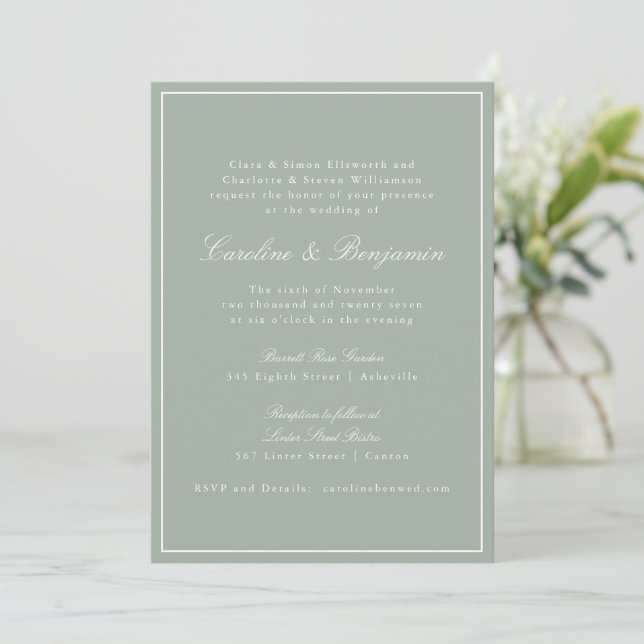 Classic Border Script Elegant Wedding Sage RSVP Invitation (Standing Front)
