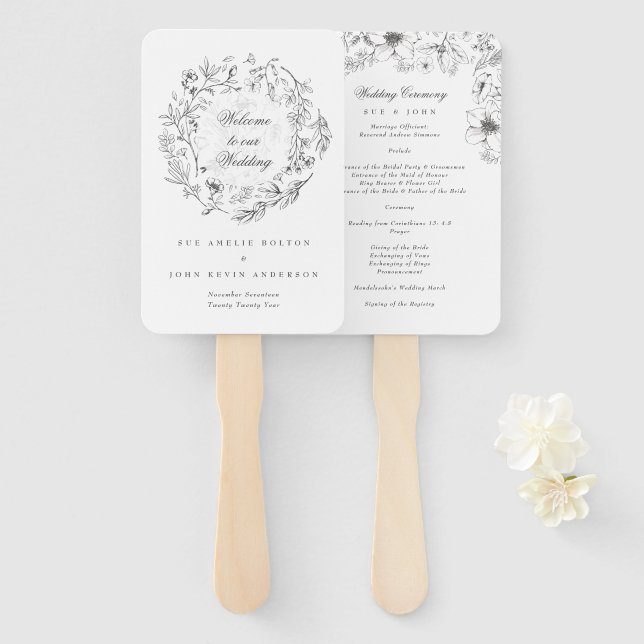 Classic Botanical Florals Wedding Hand Fan (Front and Back)