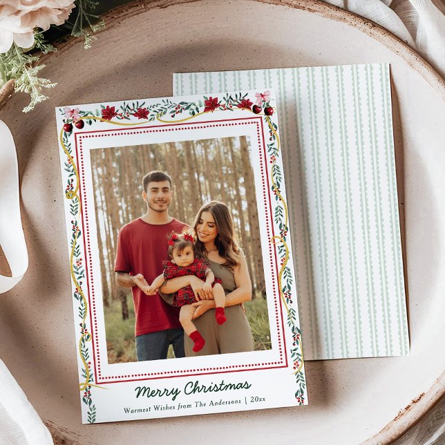 Classic Botanical Greenery Merry Christmas 1 Photo Holiday Card (Creator Uploaded)