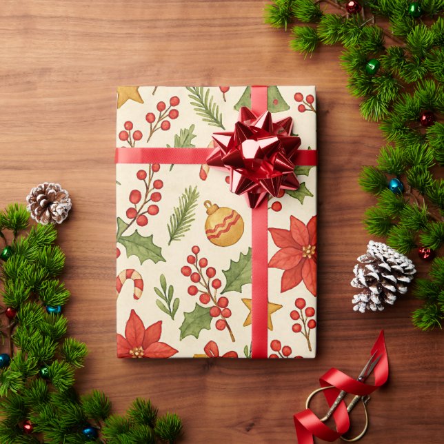 Classic Botanical Poinsettia Floral Art Pattern Wrapping Paper (Holiday Gift)