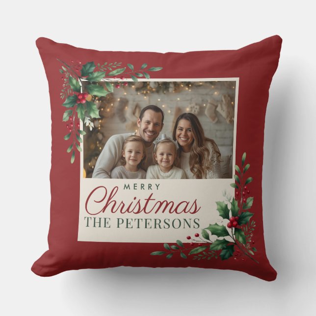 Classic Botanical Red Custom Photo Christmas Throw Pillow (Front)
