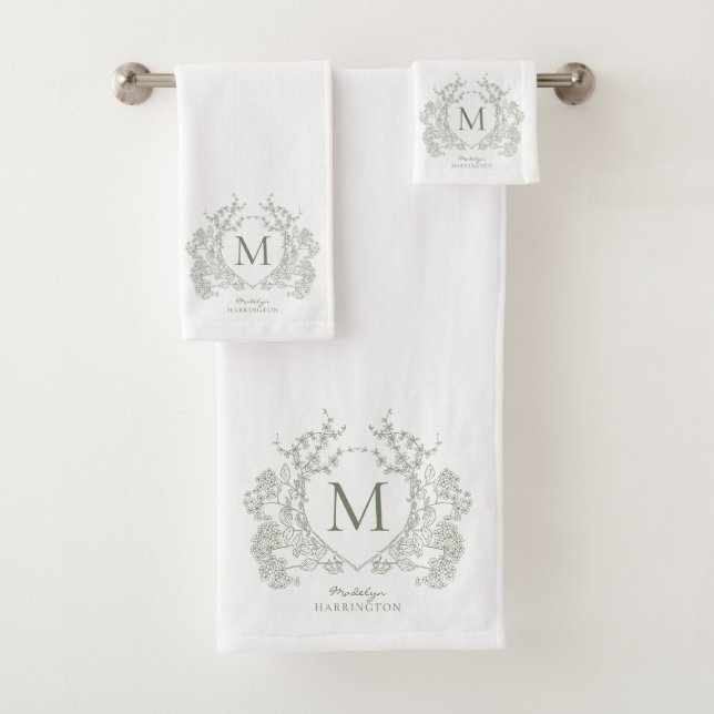 Classic Botanical Sage Green Floral Crest Monogram Bath Towel Set (Insitu)