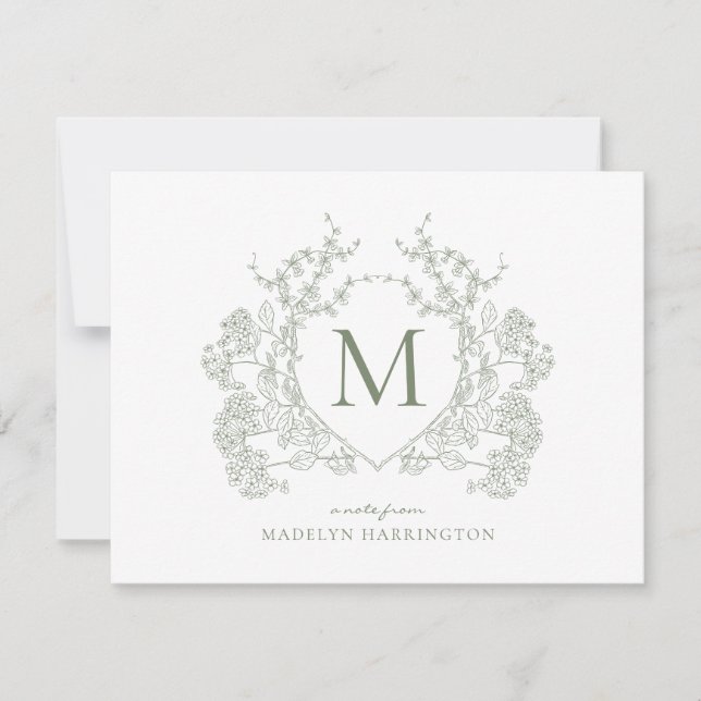 Classic Botanical Sage Green Floral Crest Monogram Card (Front)