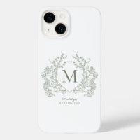 Classic Botanical Sage Green Floral Crest Monogram