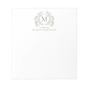 Classic Botanical Sage Green Floral Crest Monogram Notepad