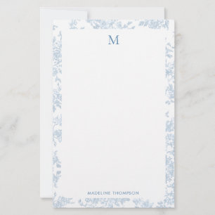 Classic Botanical Toile Monogram French Blue Stationery