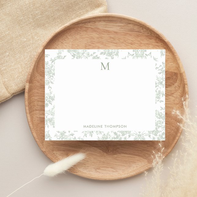 Classic Botanical Toile Monogram Sage Green Card (Creator Uploaded)