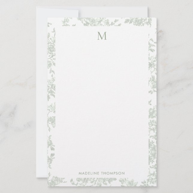 Classic Botanical Toile Monogram Sage Green Stationery (Front)