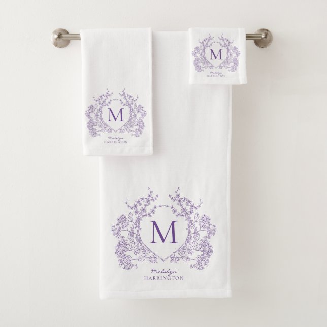 Classic Botanical Violet Floral Crest Monogram Bath Towel Set (Insitu)