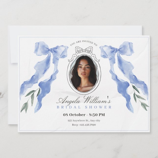 Classic bow elegant photo bridal shower invitation (Front)